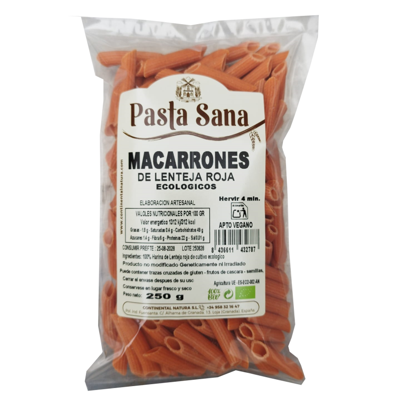 Macarrones de lentejas rojas BIO 250 g Pasta Sana